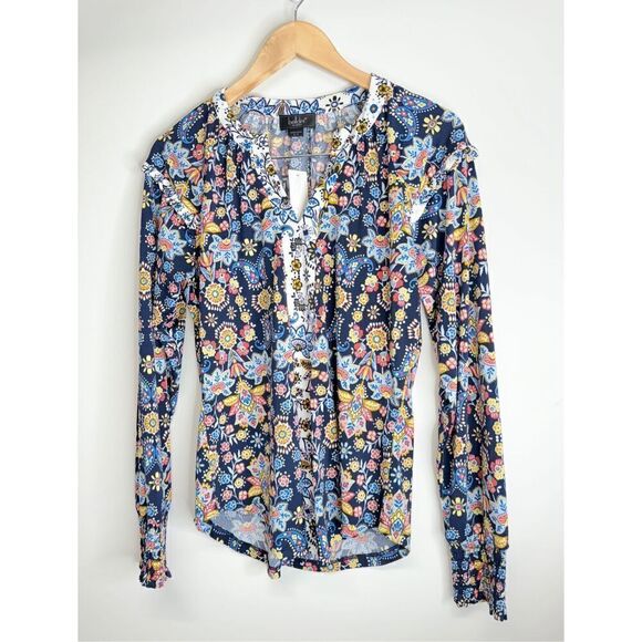 Belldini Womens Size Small Blue Floral Ruffled Long Sleeve Split Neck Blouse NWT - Picture 3 of 12
